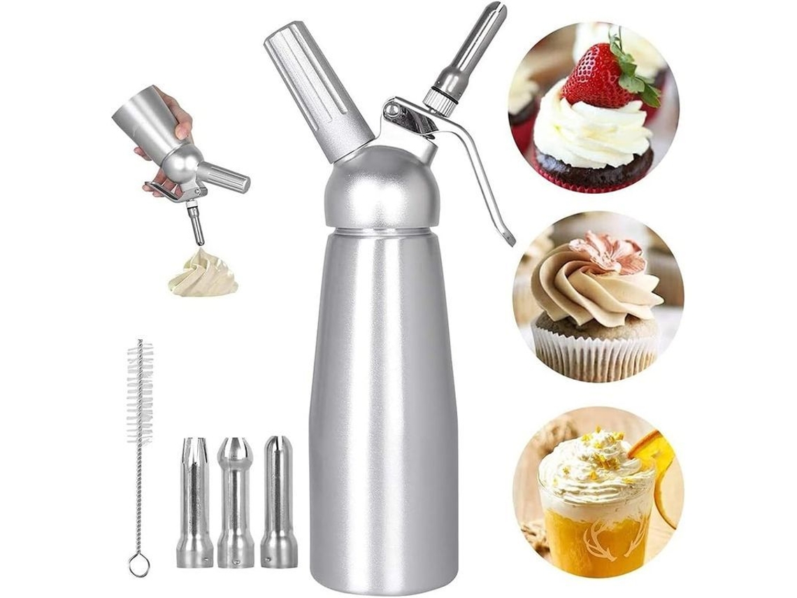 Sifão de Creme Batido Profissional 500ml com 3 pontas de decoração, aço inox S/MARCA