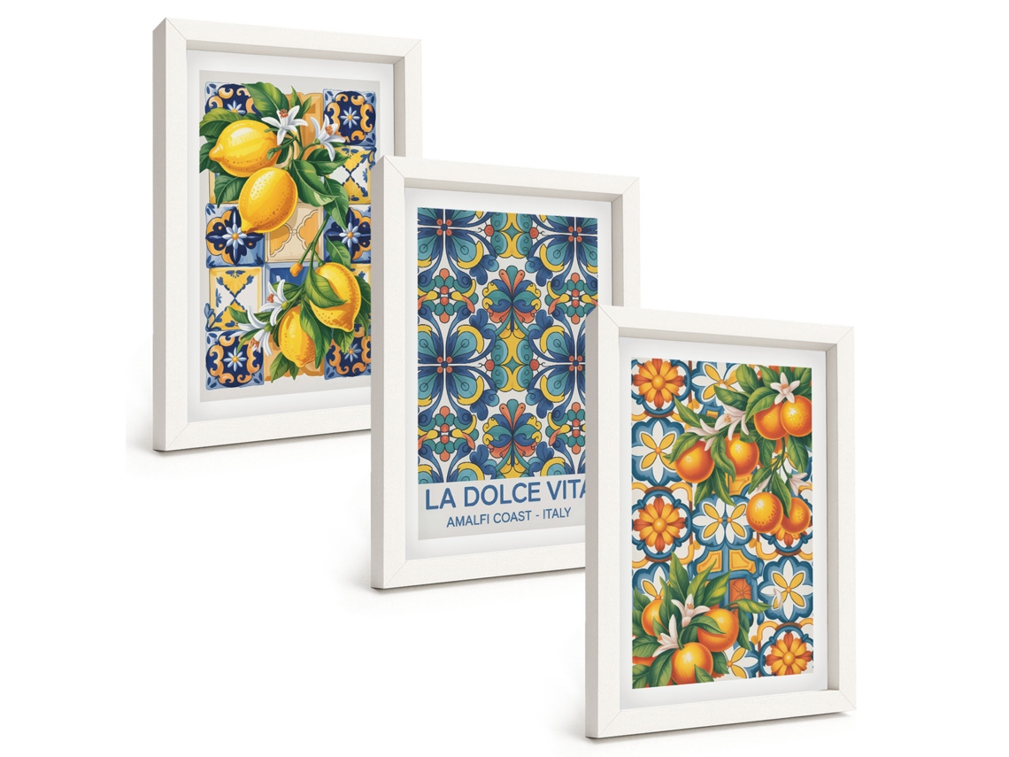 Composição De Quadros Limões, Flores, Laranjas, Padrões Espelharte (3 Peças 20x30 Cm)