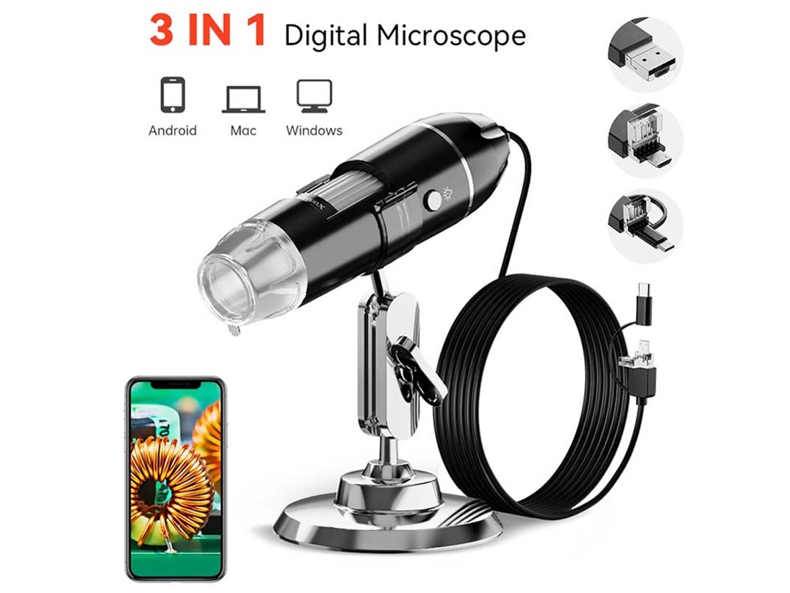 Microscópio 3 Em 1 Com Display Digital Portátil, Lupa De 1600x, Microscópio Eletrônico Com Luz Led Cuich