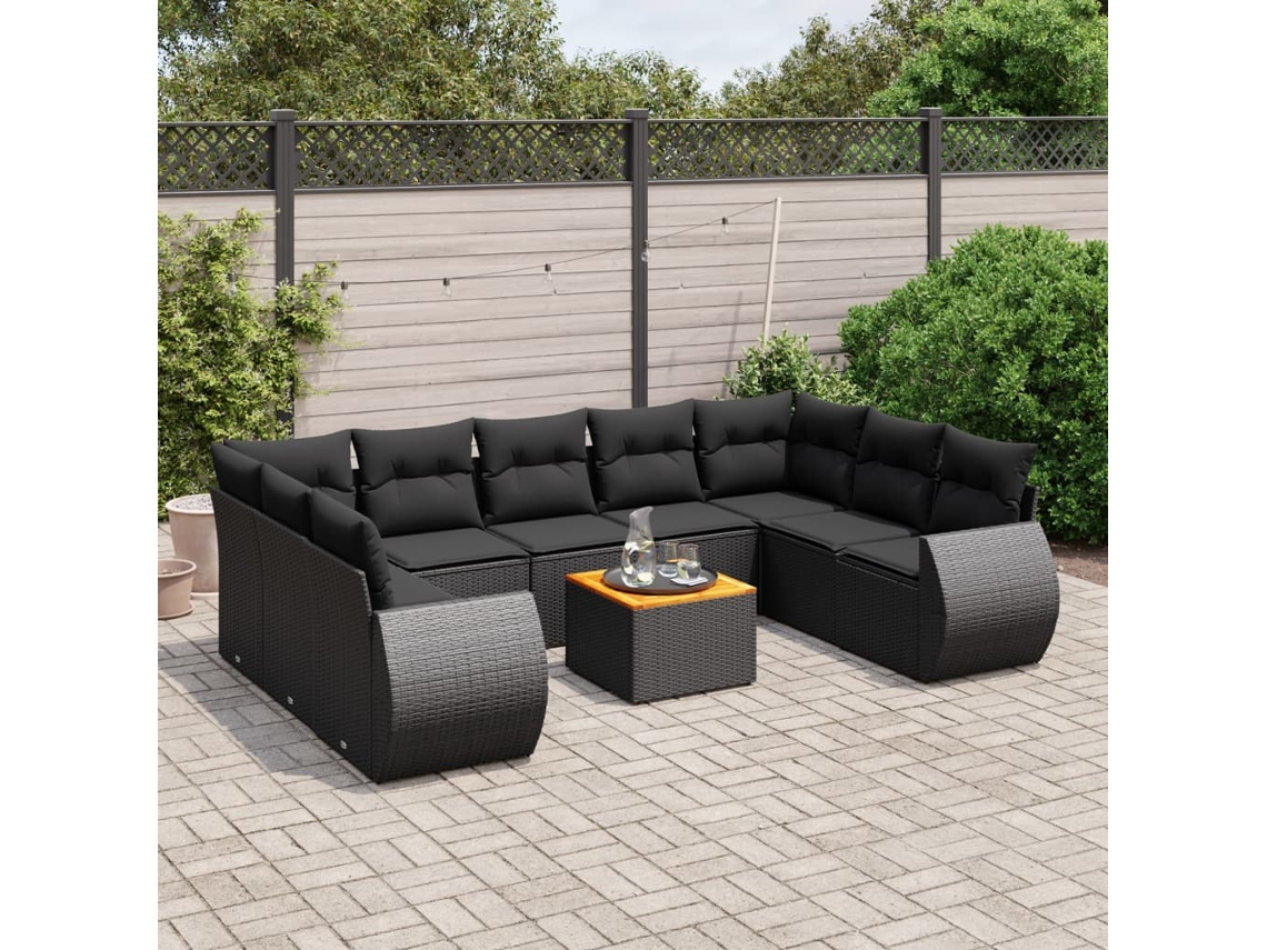 Vidaxl 10 Pcs Conjunto Sofás De Jardim C/ Almofadões Vime Pe Preto