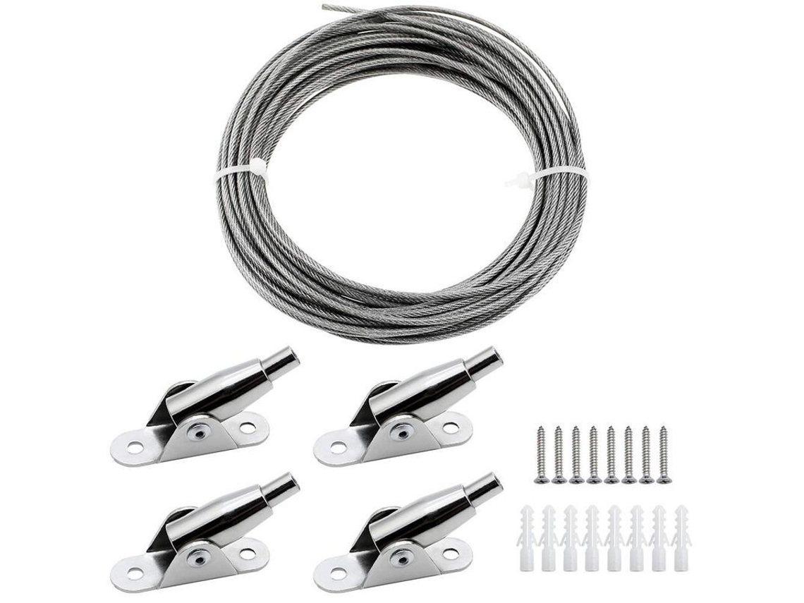Cabo de aço inox recoberto de PVC, 2mm x 10m, com ganchos e parafusos, suporta 30kg | S/MARCA