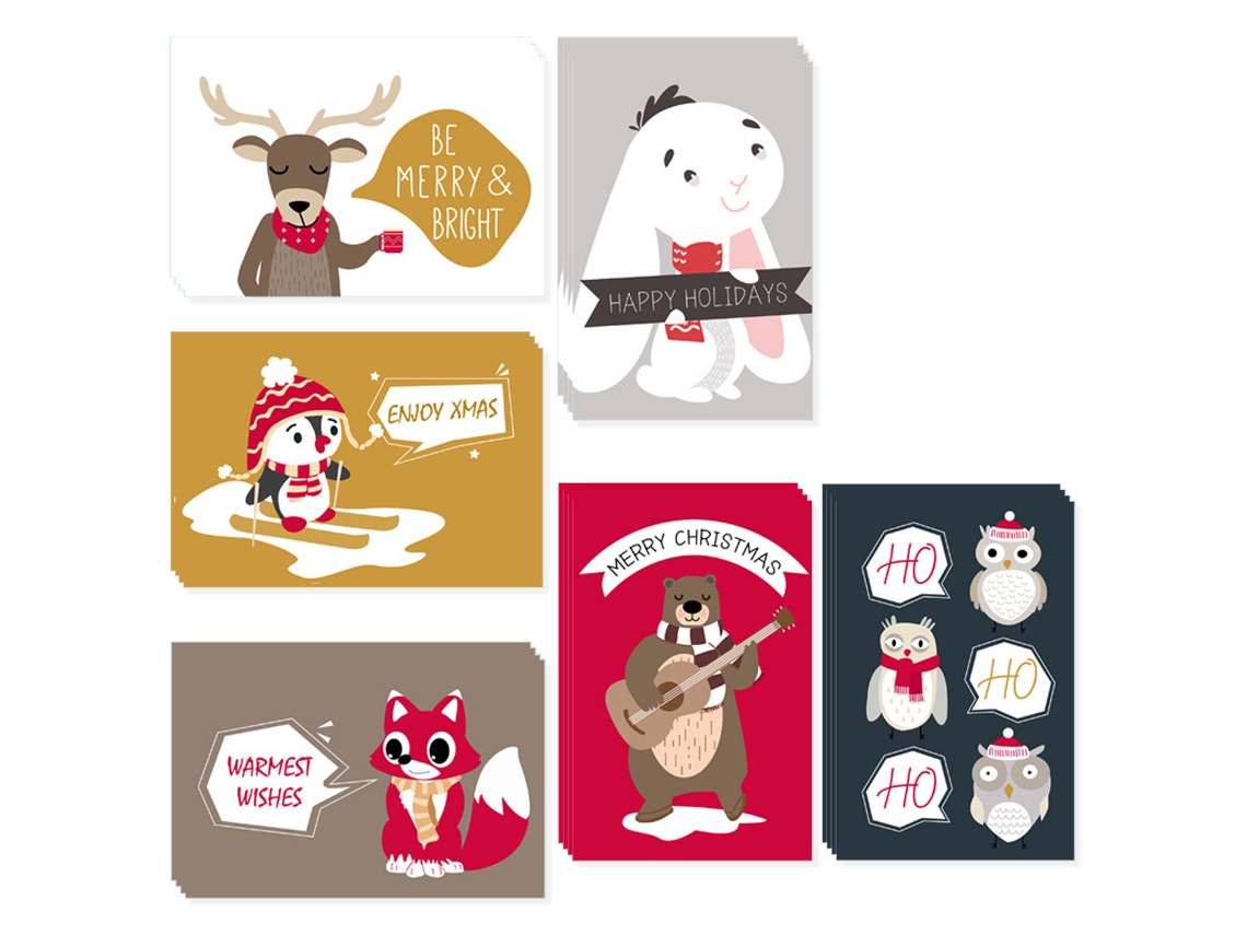 1 Conjunto de Cartões de Felicitações de Natal Animais de Desenho Animado 1 Conjunto de 24 Cartões de Natal com Adesivos de Envelope AURUM