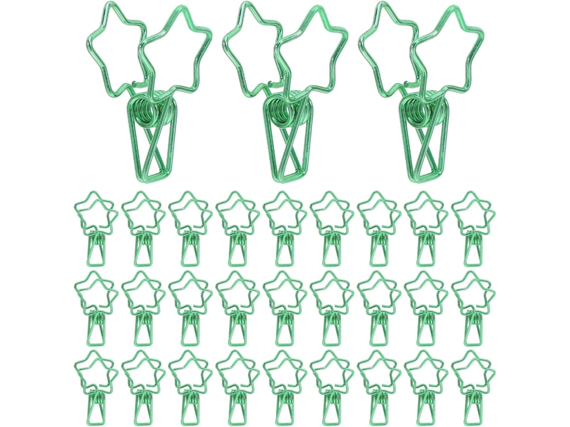 Conjunto de 50 clipes de papel em metal verde em formato de estrela, mini clipes para organizar documentos escolares.