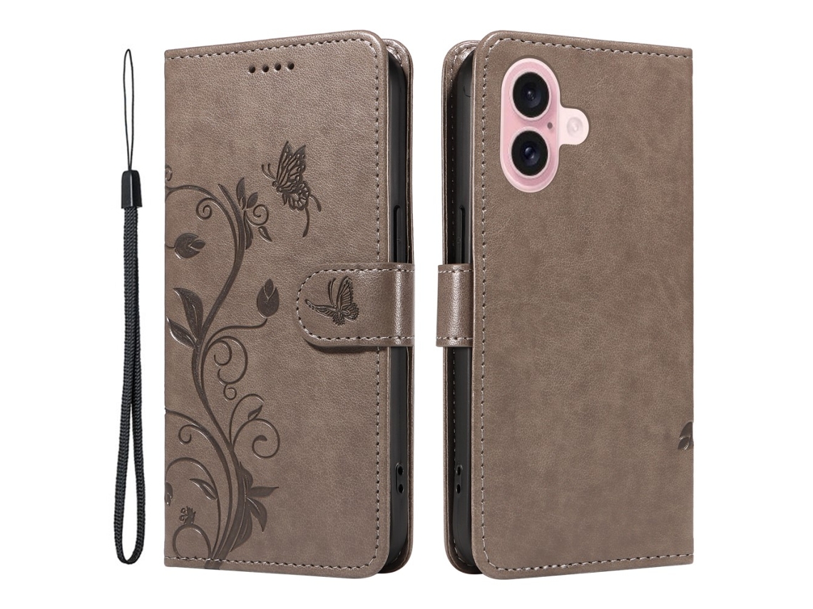 Capa Em Couro Pu Padrão De Flor E Borboleta Para Apple Iphone 16 - Cinzento