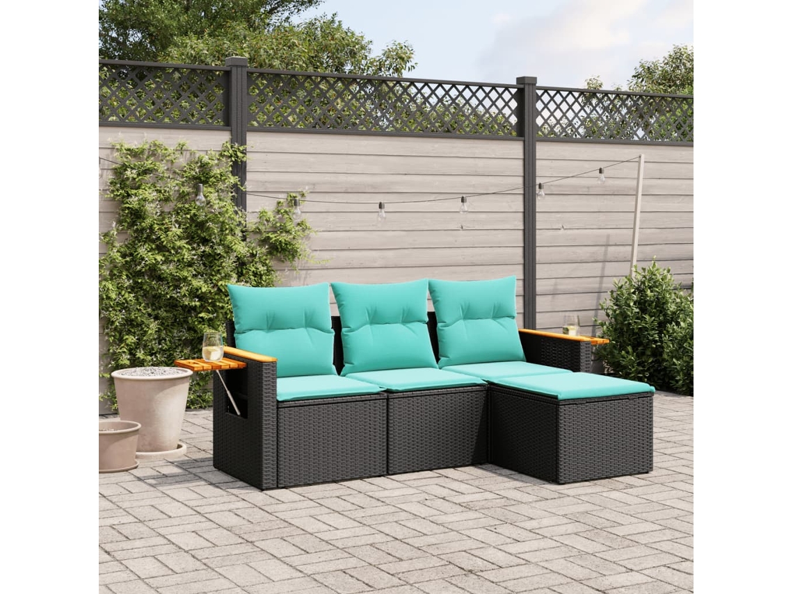 Conjunto de Sofás 4 Peças P/ Jardim C/ Almofadões Vime Pe Preto Dkd Home Decor