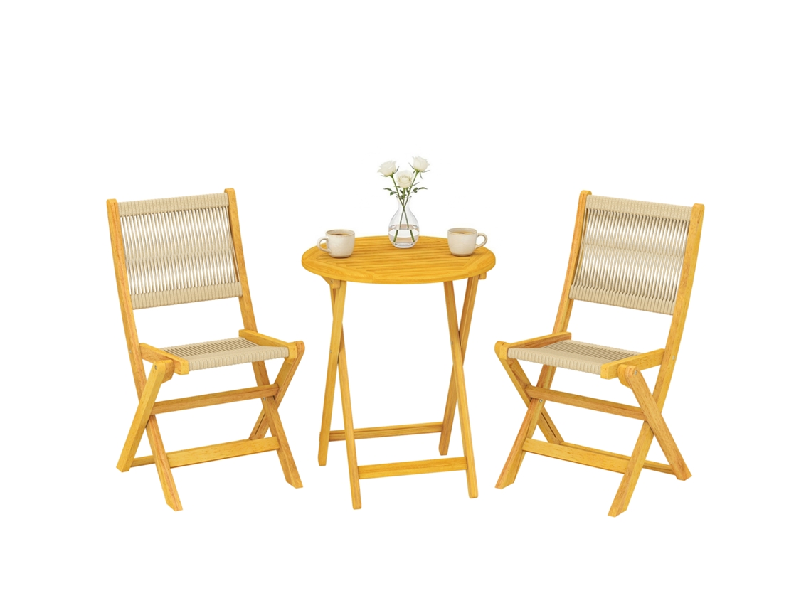 Conjunto de jardim em madeira com 2 cadeiras dobráveis e mesa redonda ZENCORE SERVICES natural