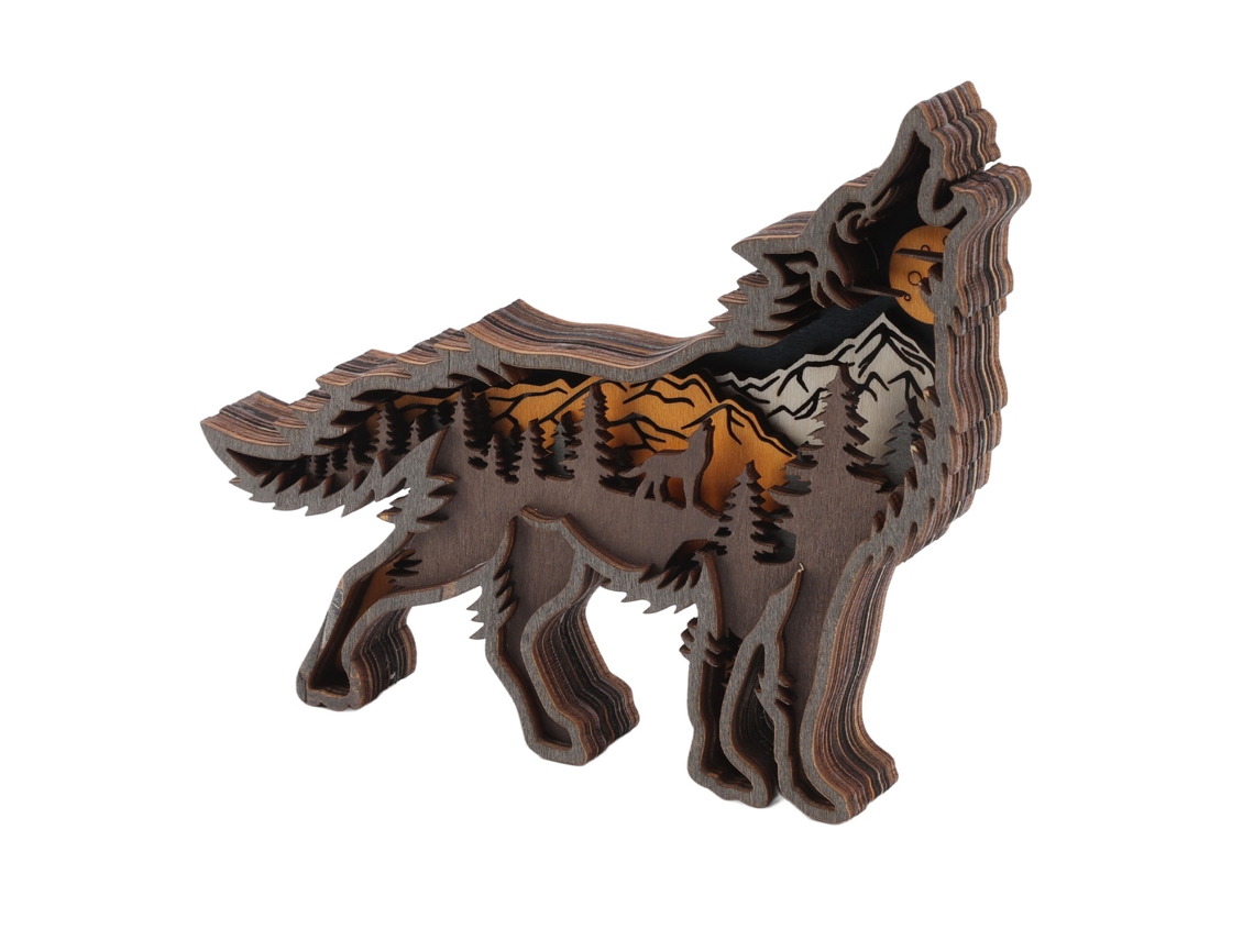 Estátua De Lobo De Madeira Com Luz De Corda Decoração Presente