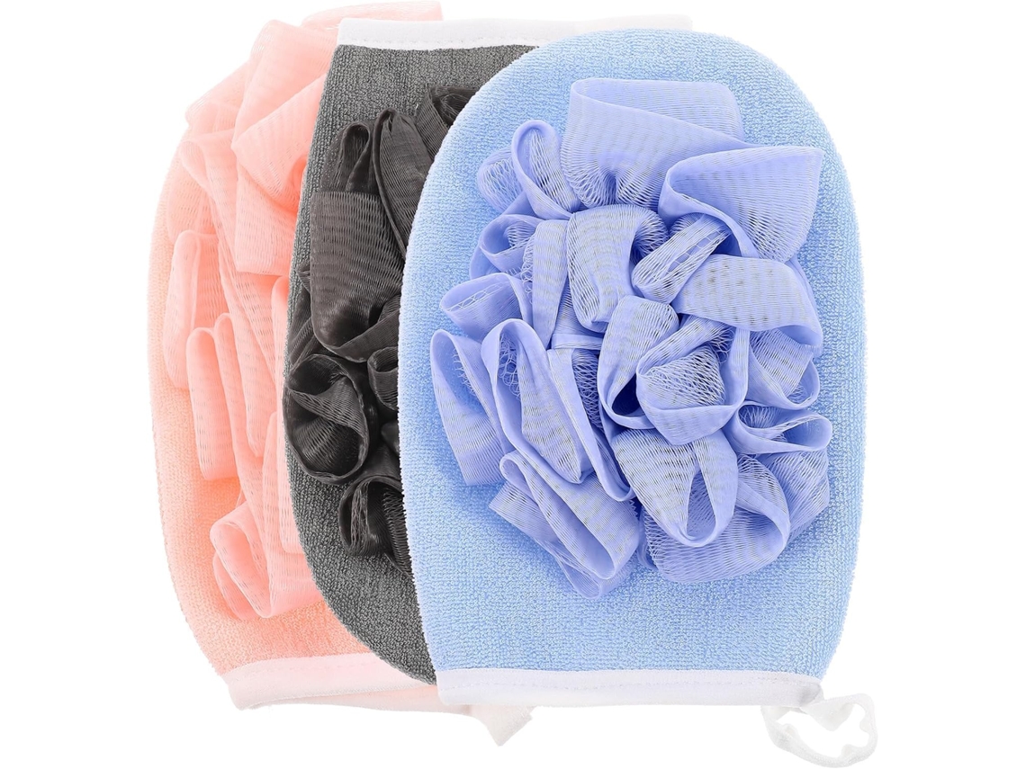Conjunto de 3 esponjas esfoliantes para banho Luvas, em esponja e fibra, diversos estilos.