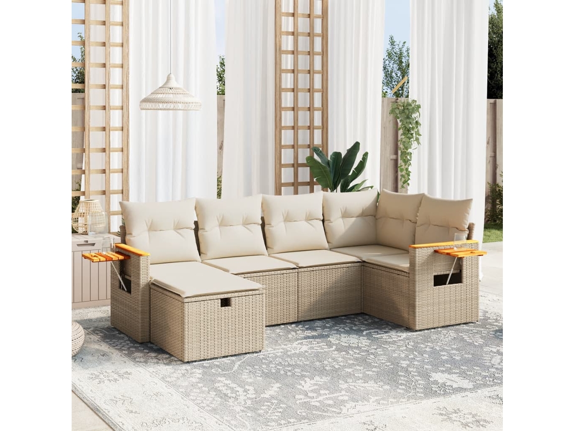Vidaxl 6 Pcs Conjunto De Sofás P/ Jardim Com Almofadões Vime Pe Bege
