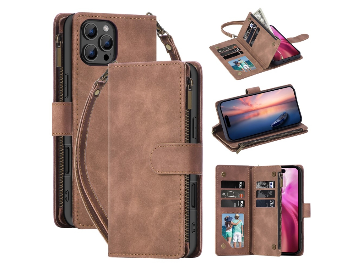 Capa Em Couro Pu Com Suporte E Pega Para Apple Iphone 16pro Max - Castanho