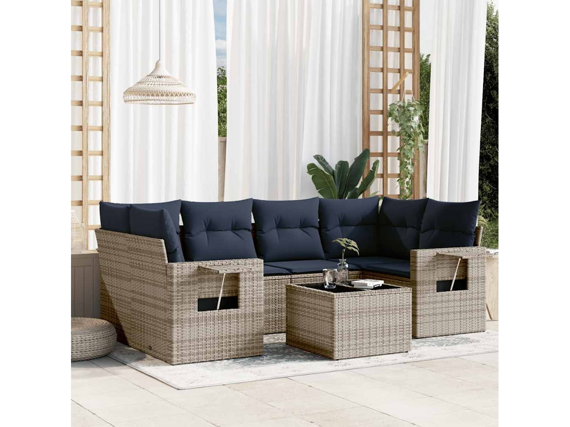 Vidaxl Conjunto De Sofá De Jardim Com 7 Peças E Almofadas Em Rattan Sintético Cinza