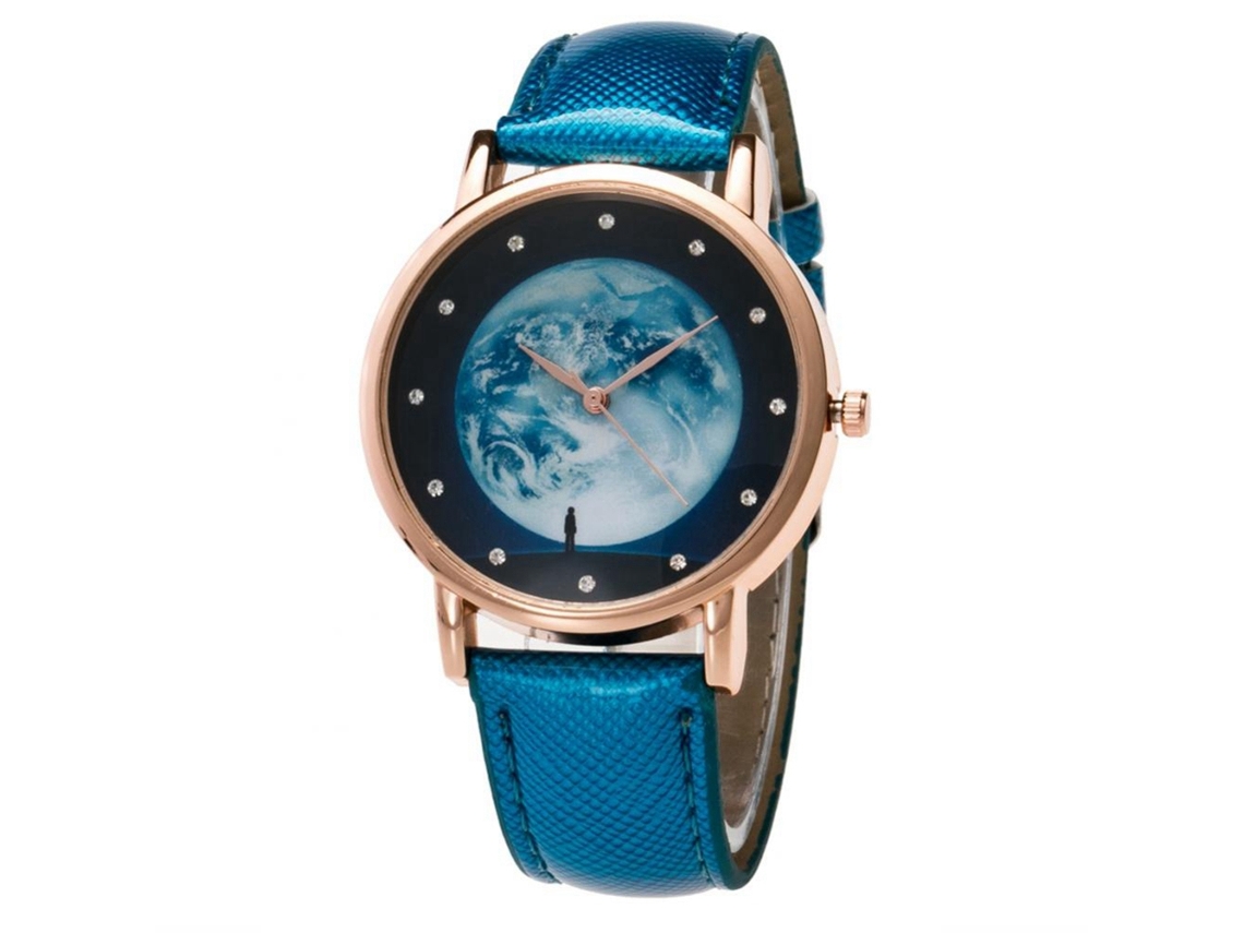 Relógio de casal de quartzo com strass e pulseira de PU azul com estampa de lua moderna e casual.