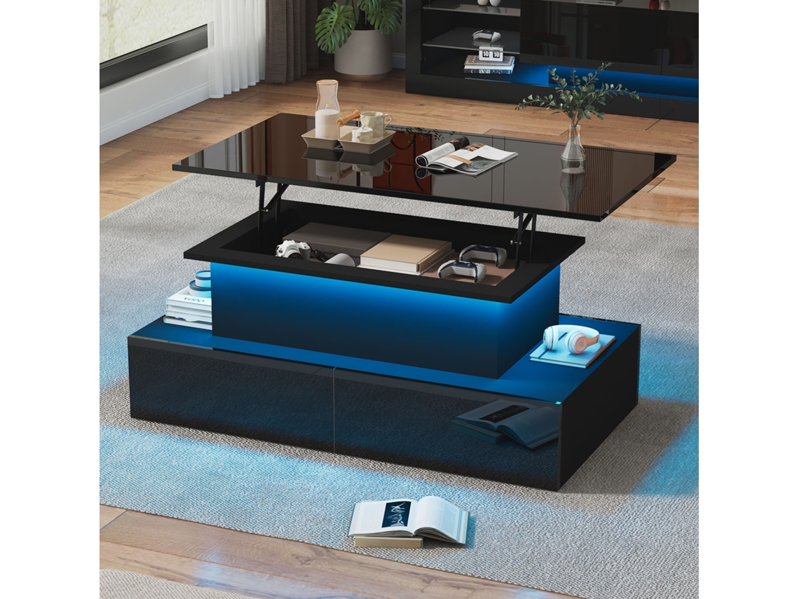 Mesa De Centro Preta Moderna De Alto Brilho Com Iluminação Led E 4 Gavetas - Mesa Lateral Estilosa 90x55x41 Cm Com Capacidade Para Até 30 Kg Cs
