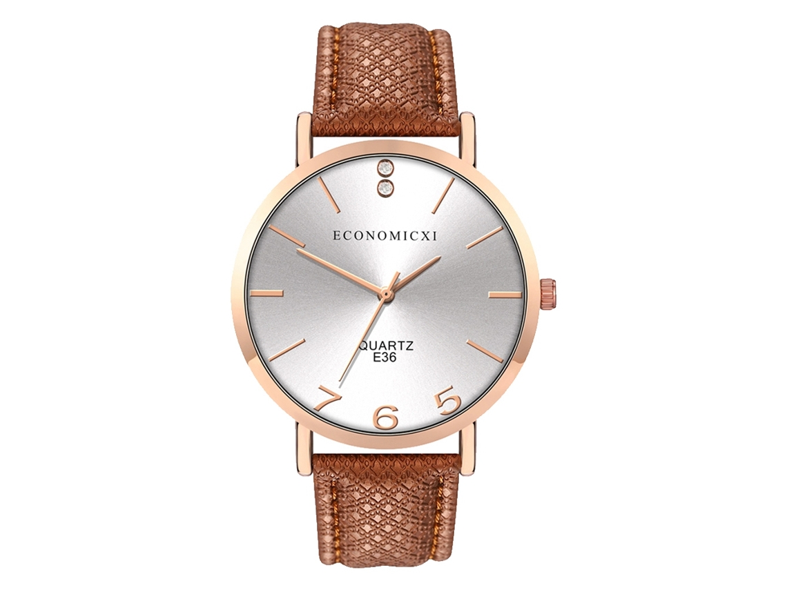 Relógio de Pulso Unissex de Quartzo com Pulseira Pu Mostrador Redondo Branco Marrom