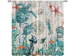 Cortinas Com Estampa De Cavalos Marinhos, Corais, Mapa Náutico E Estrelas Do Mar, Tema Praia, Ideais Para Quarto E