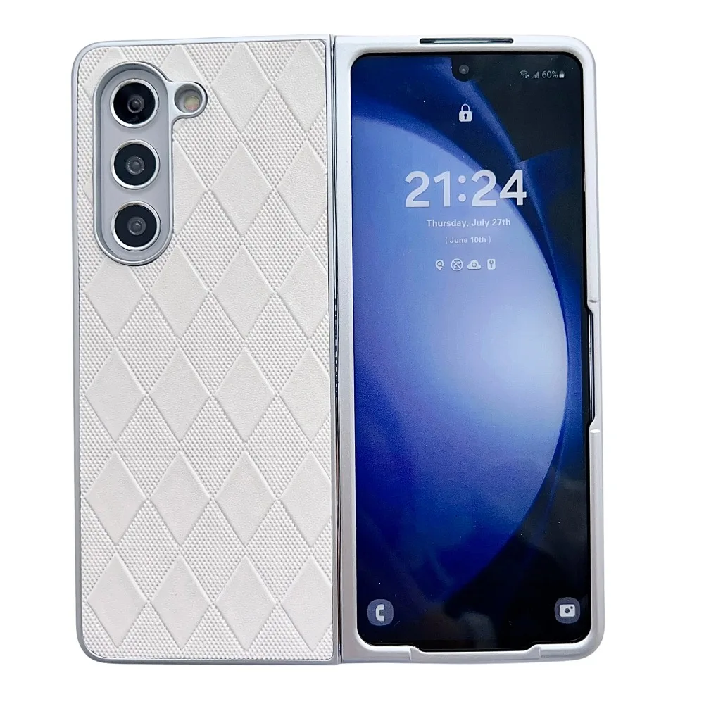 Capa Protetora Em Couro Pu (branca, Galaxy Z Fold7), Padrão De Malha De Diamante, À Prova De Quedas.