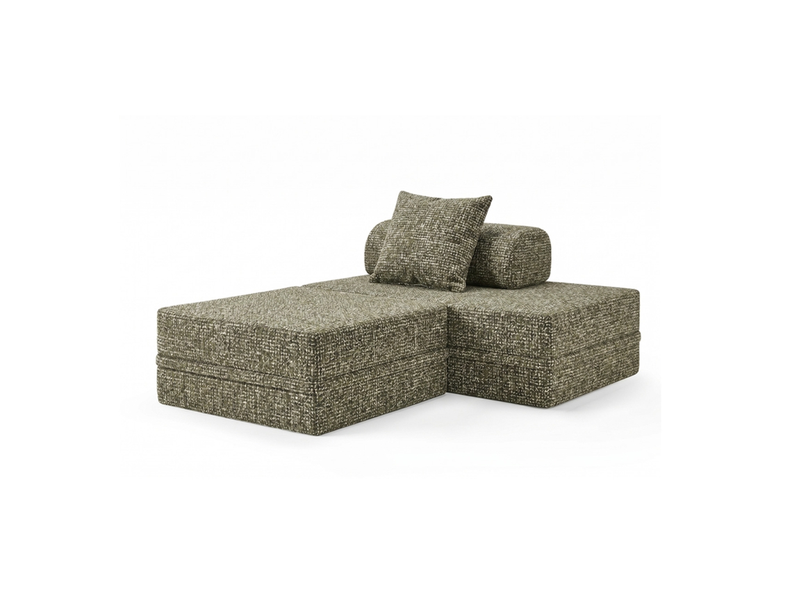 Sofá Modular 2 Lugares + Puff Convertível Tweed Verde Oliva SKOFFA