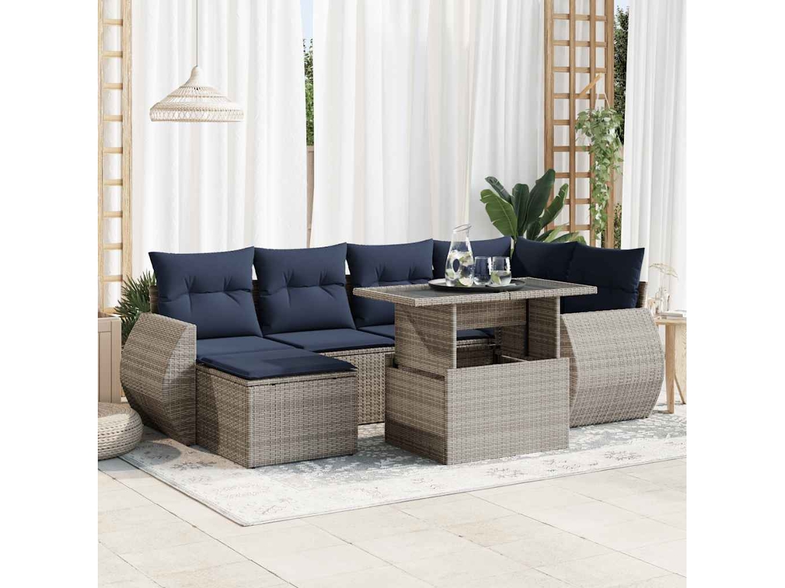 Vidaxl 7 Pcs Conjunto Sofás Jardim Almofadões Vime Pe/acácia Cinzento