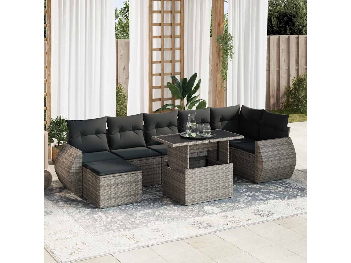 Vidaxl 8 Pcs Conjunto Sofás De Jardim C/ Almofadões Vime Pe Cinzento