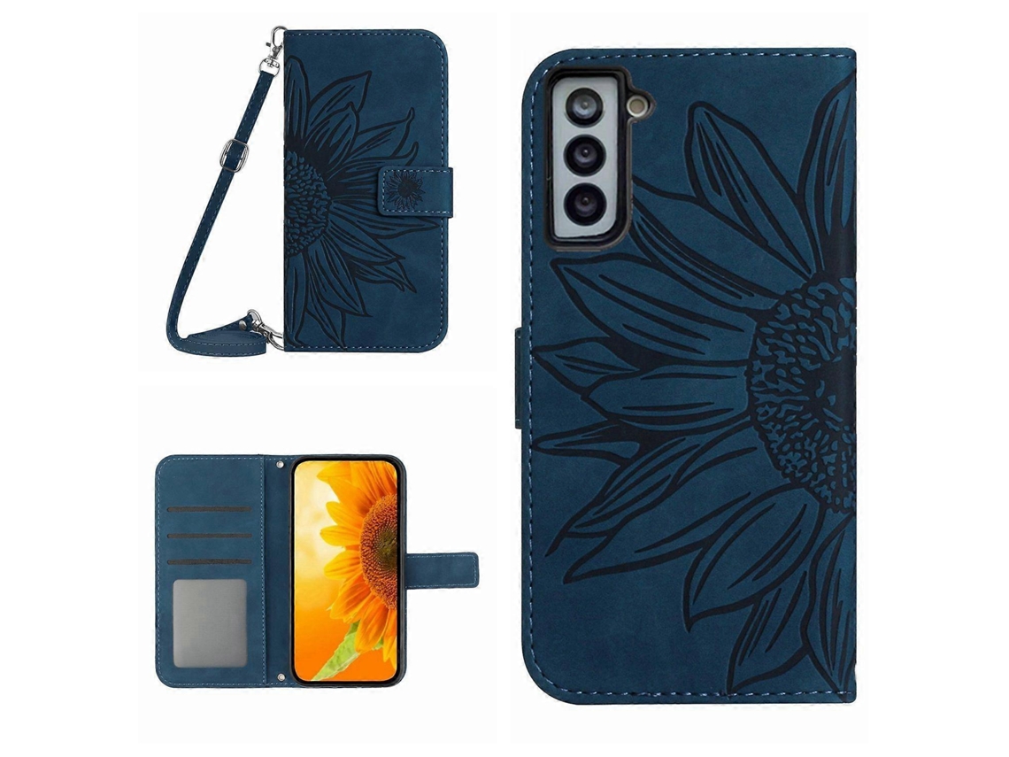Capa De Couro Flip Com Estampa De Flor De Sol E Cordão Para Samsung Galaxy S22 5g