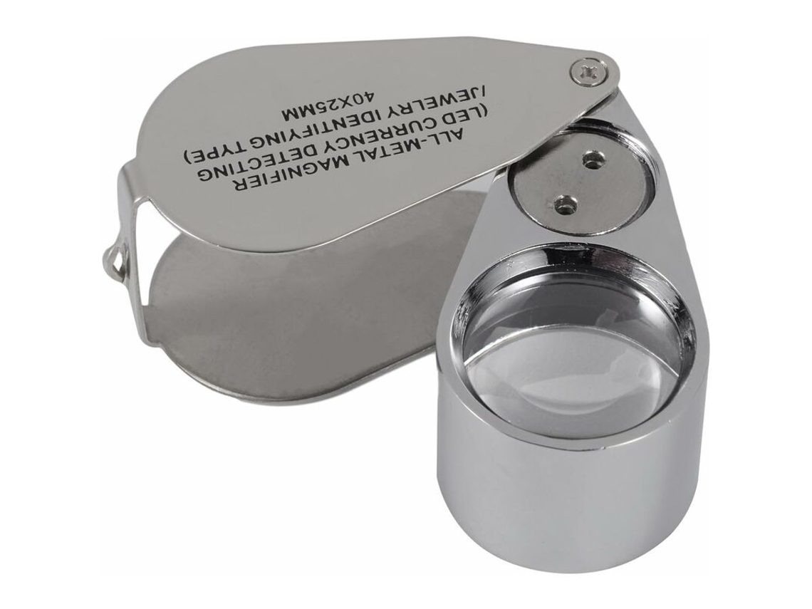 Lupa de Metal para Joalheiros com Design Dobrável, Lupa de Bolso com Lâmpada Led e Uv Klb BRILVIBERA (detectora Moedas/identificação Joalheiros)
