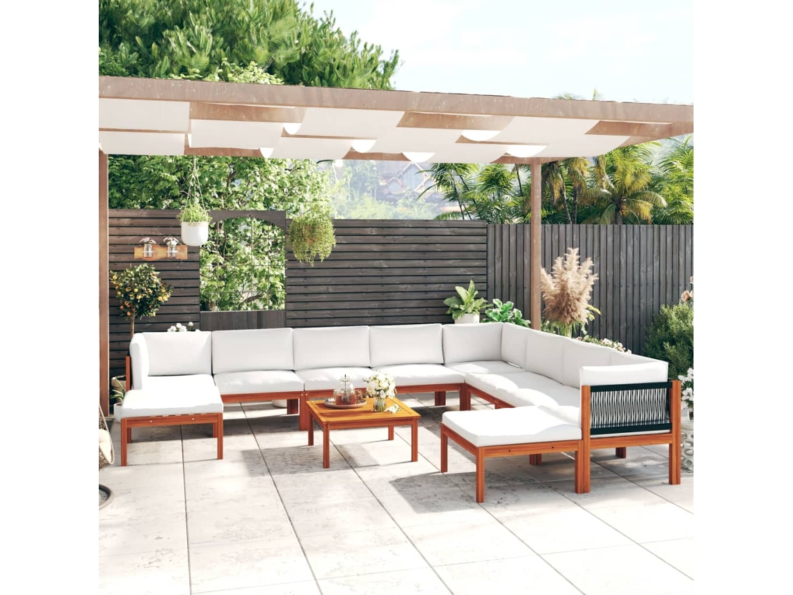 Vidaxl Conjunto De Lounge De Jardim Vidaxl Com 11 Peças E Almofadas Em Madeira De Acácia Creme E Corda