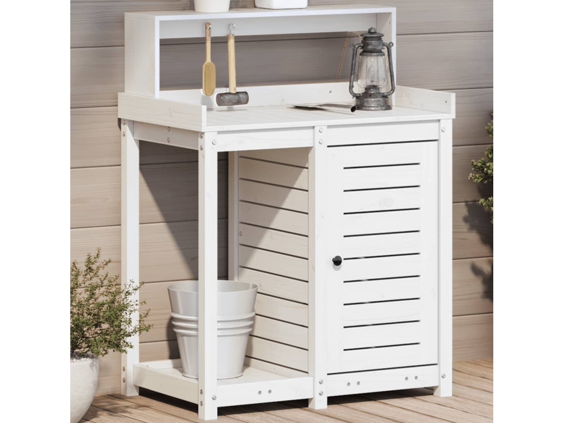 Vidaxl Mesa De Jardinagem Com Prateleiras Madeira Pinho Maciça Branco