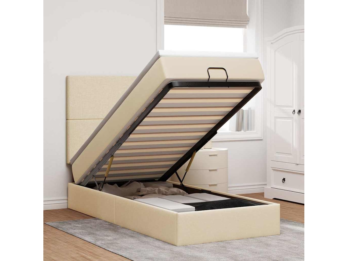 Cama Otomana Com Colchão Leds 90x200 Cm Tecido Creme