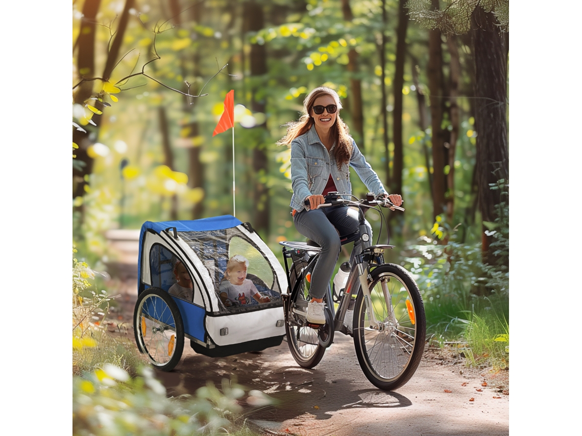 Rimorchio Bici Bambini Con 2 Posti, 2 Cinture Di Sicurezza, Telaio In Acciaio E Copertura In Tessuto Oxford Blu