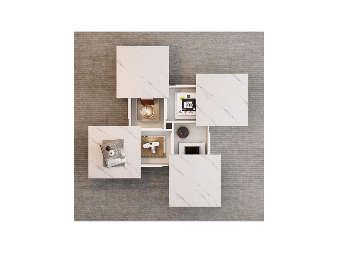 Mesa de Centro Quadrada Moderna em Branco com Design de Mármore, 90 x 90 x 25 cm, 4 Gavetas, Tampo Deslizante, Suporta até 30 kg Ehstmind