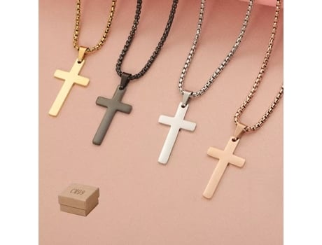 Novo Colar De Cruz Quadrado Com Corrente De Pérola E Pingente De Cruz Pop Titânio Aço 60cm Cinza Excellence Eu