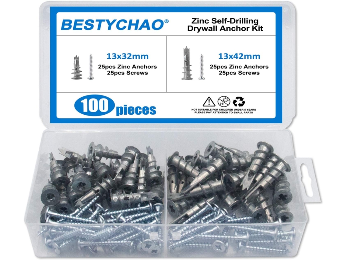 Kit com 100 buchas de zinco para drywall, 2 tamanhos diferentes, autoperfurantes e com parafusos inclusos.