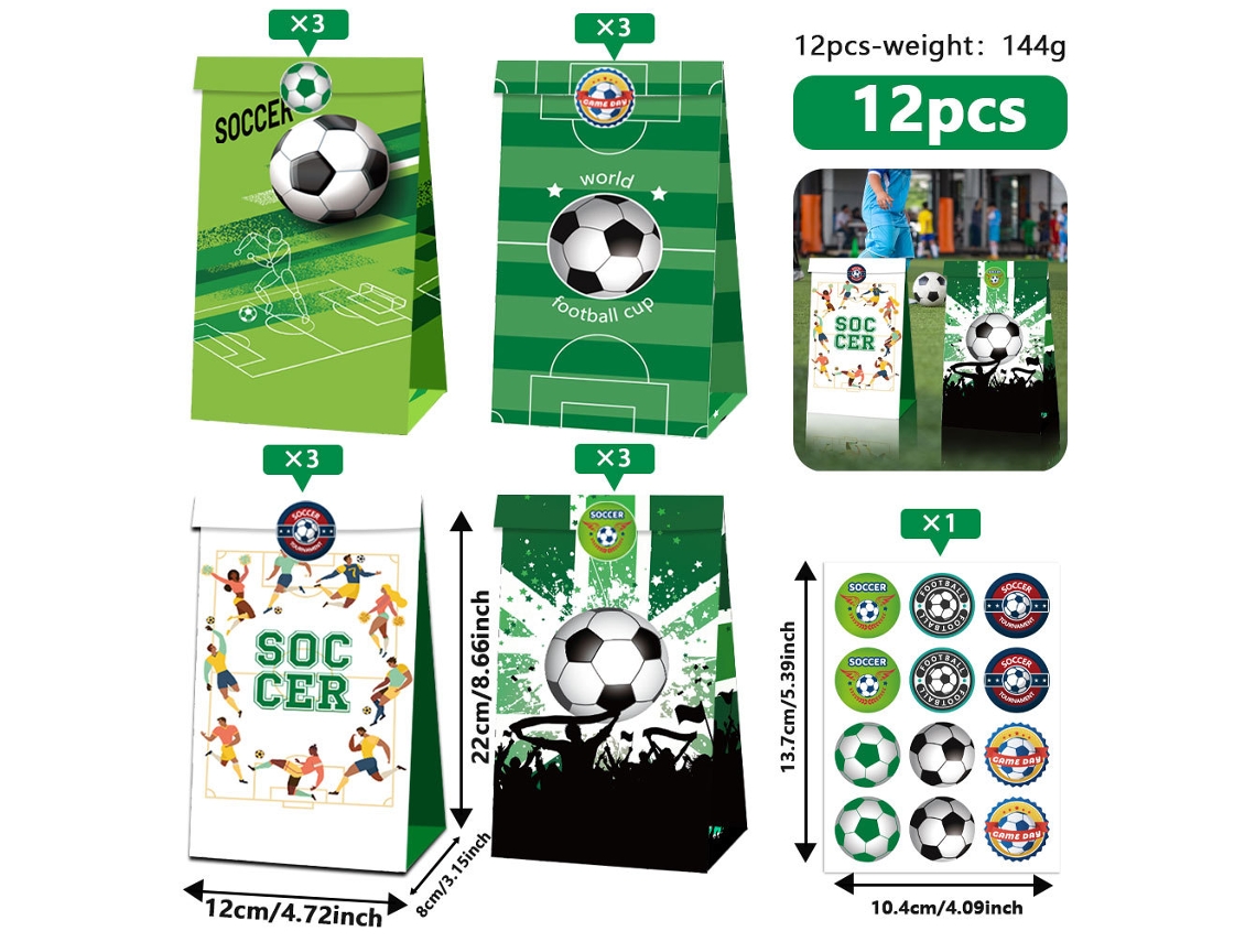 Conjunto de 12 Bolsas Presente Tema Futebol Copa do Mundo com Adesivos para Decoração Festas de Aniversário e Eventos Esportivos STELASPLEN