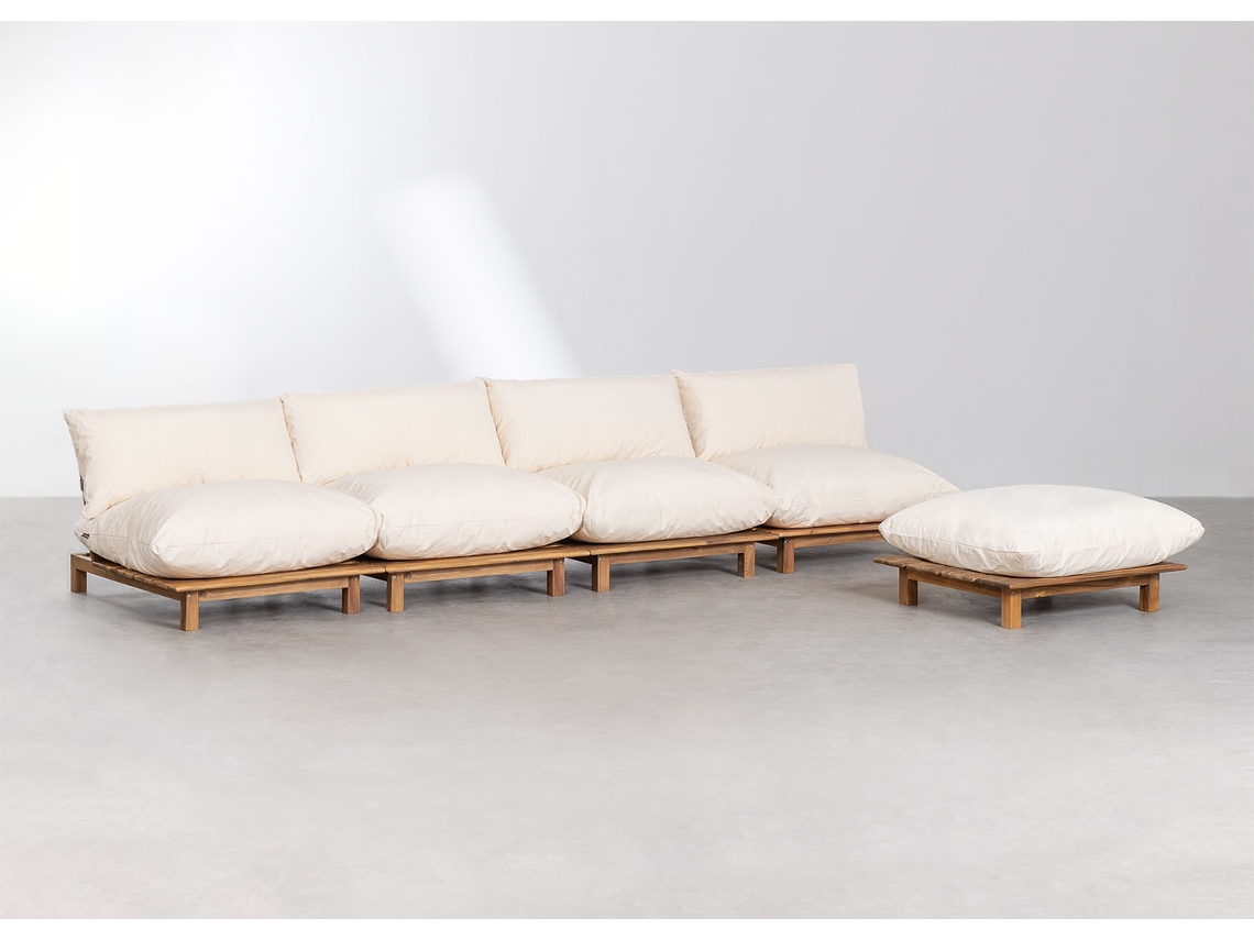 Sofá Modular Reclinável Jardim Com 4 Peças E Puff Brina Madeira Em Acácia Bege Creme SKLUM