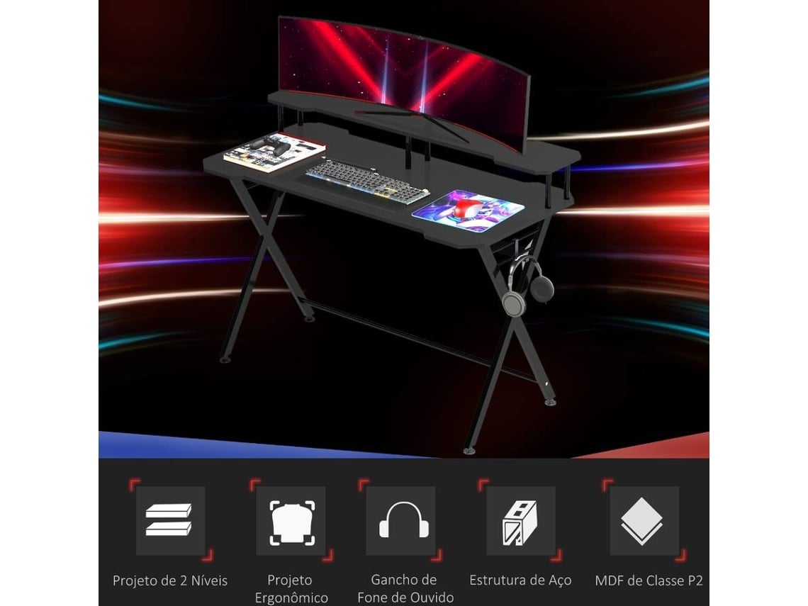 Mesa Gaming HOMCOM Com suporte para monitor e fones (140 x 60 x 90 cm - MDF - Preto)