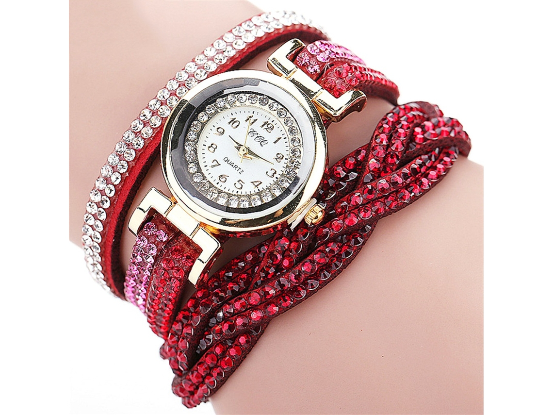 Relógio de Pulso Feminino Multicamada com Strass Pulseira de Pu Moda Quartz (vermelho)