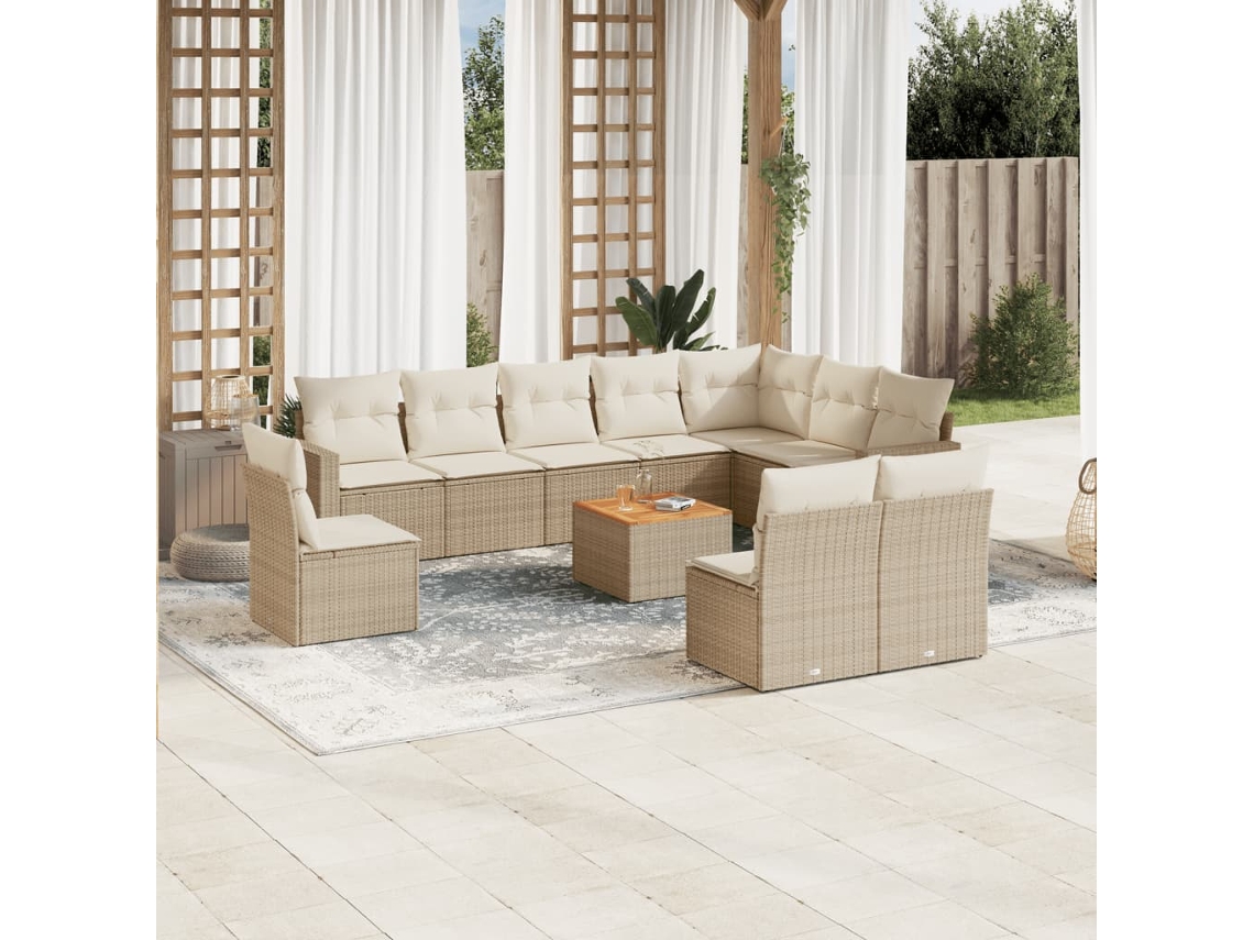 Vidaxl 11 Pcs Conjunto Sofás De Jardim C/ Almofadões Vime Pe Bege