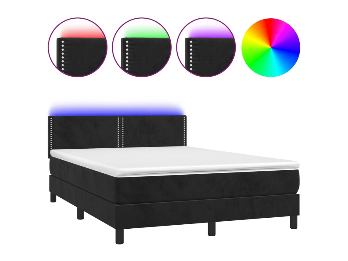 Cama Box Spring com Colchão LED Veludo Preto MAISON EXCLUSIVE (140x200 cm)