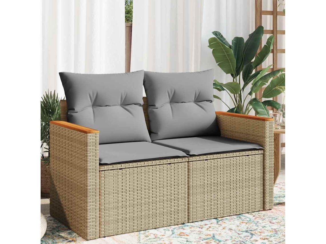 Sofá De Jardim De 2 Lugares Com Almofadões Vime Pe Bege Dkd Home Decor