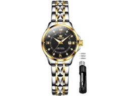 Relógio Mecânico Automático Feminino com Diamantes em Ouro Clássico Aço Inoxidável de Dois Tonsrosto Preto Dourado Prateado