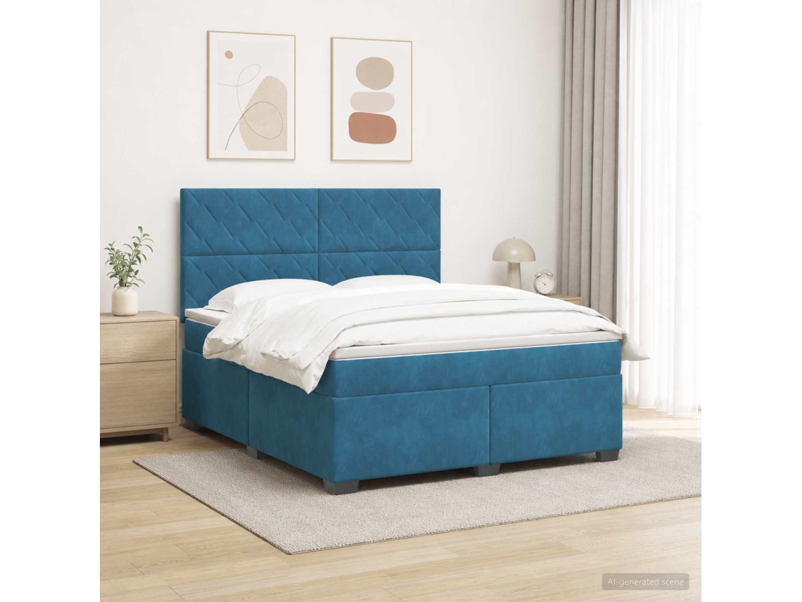 Vidaxl Cama Box Spring Com Colchão Azul 180 X 200 Cm Veludo