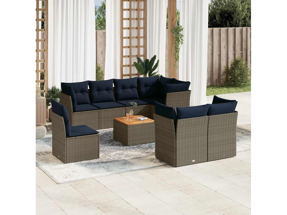 Vidaxl 9 Pcs Conjunto Sofás P/ Jardim C/ Almofadões Vime Pe Cinzento