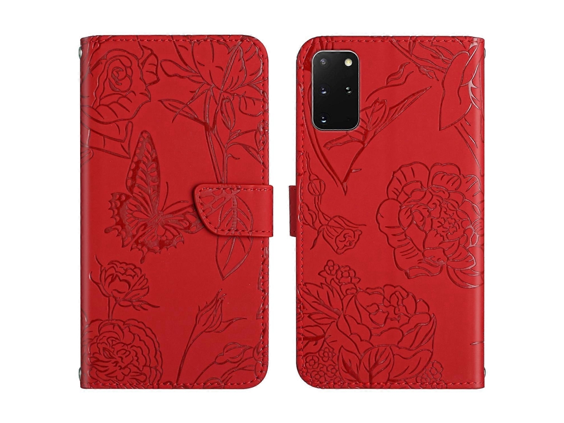 Capa De Celular Em Couro Sintético Com Textura De Borboleta E Peônia Para Samsung Galaxy S20+