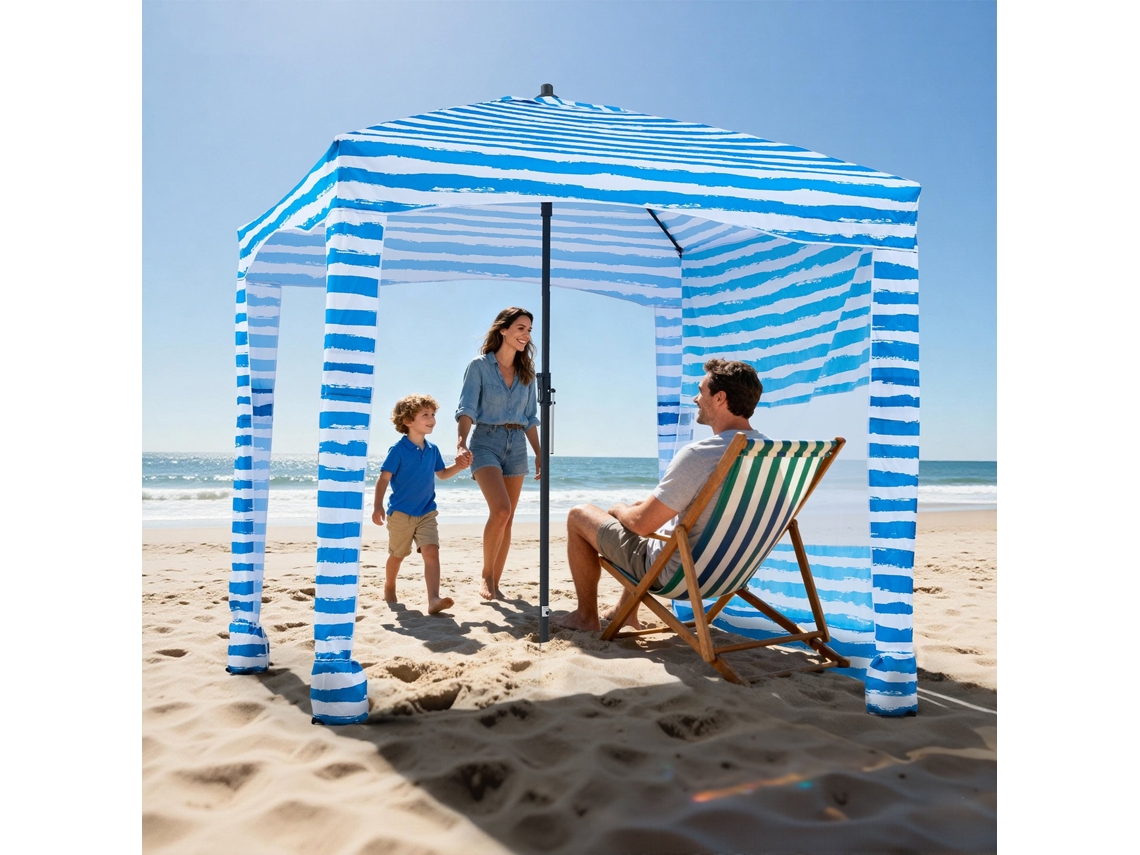 Cabana De Praia Com Toldo Lateral 183 X 183 Cm Upf 50 Listras Azuis E Brancas Vevor