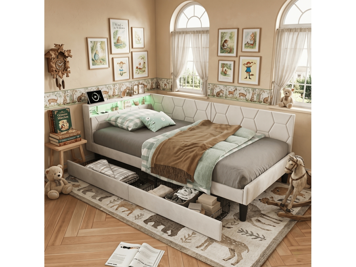 Cama Solteiro 90x200 Cm Com 2 Gavetas De Arrumação, Iluminação Led E Tomadas Usb, Sofá Cama Em Veludo Com Espaço De Apoio, Bege