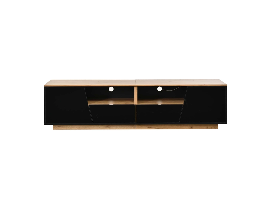 Móvel De Tv 180 X 40 X 46 Cm - 2 Gavetas E 2 Armários, Led, Alto Brilho, Lowboard, Adequado Para 75 Polegadas - Preto + Madeira