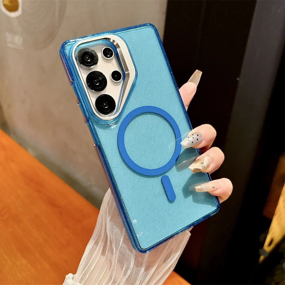Capa Magnética Magsafe Para Celular (galaxy S24 Azul) Com Suporte De Lente De Metal E Lantejoulas Transparentes.