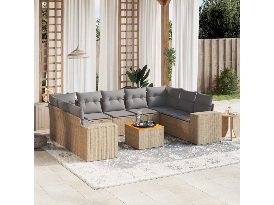 10 Pcs Conjunto De Sofás P/ Jardim Com Almofadões Vime Pe Bege Dkd Home Decor