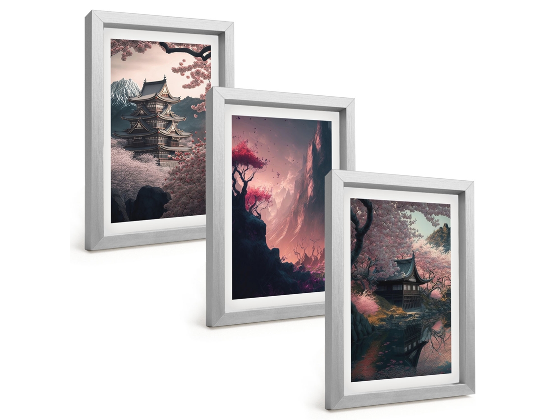 Composição De Quadrospaisagens Fantásticas Das Montanhas Do Japão Moldura Prateada Imagens Para Um Quarto Infantil Espelharte (3 Peças 20x30 Cm)