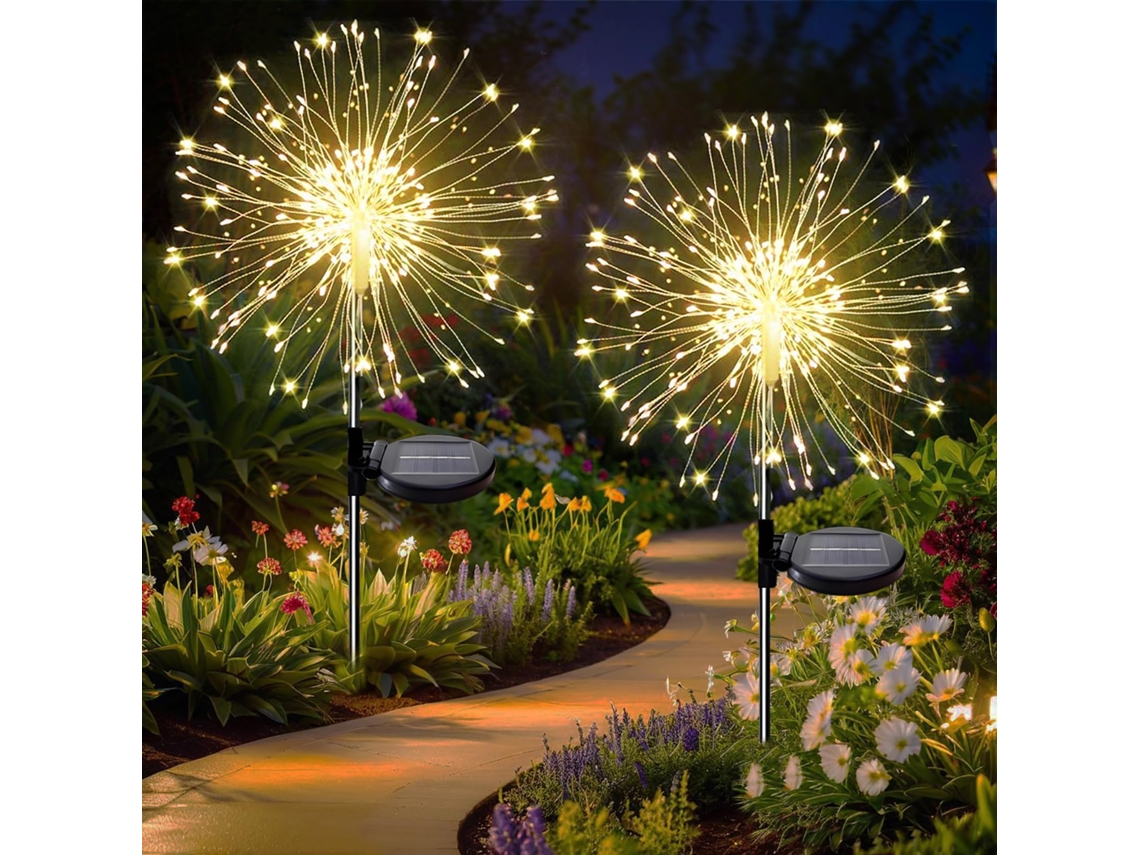 Lote De 2 Lâmpadas Solares Externas 120 Led,efeito Fogos De Artifício,ip65,8 Modos De Iluminação,para Terraço,jardim,caminhos,branco Quente
